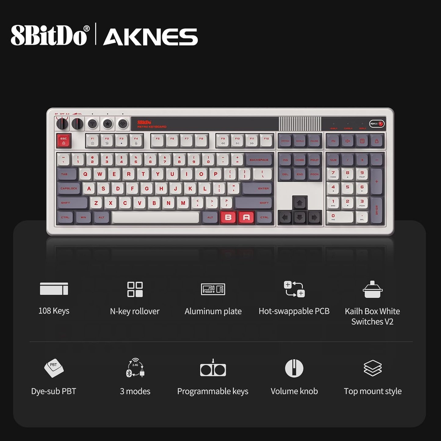 AKNES 8BitDo Retro 108 Mechanical Keyboard, Hot Swappable Gaming Keyboard with 108 Keys&Integrated Numpad, Dual Super Buttons, Bluetooth/2.4G/USB-C Keyboard for Windows & Android - N Edition