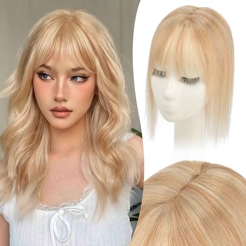 S-noilite Hair Toppers for Women with Bangs Real Human Hair 360° 3D Cover Clip in Bangs 2X6 Coverage Clip in Hairpiece for Women with Thinning Hairline 10Inch(Gloden Brown/Bleach Blonde)