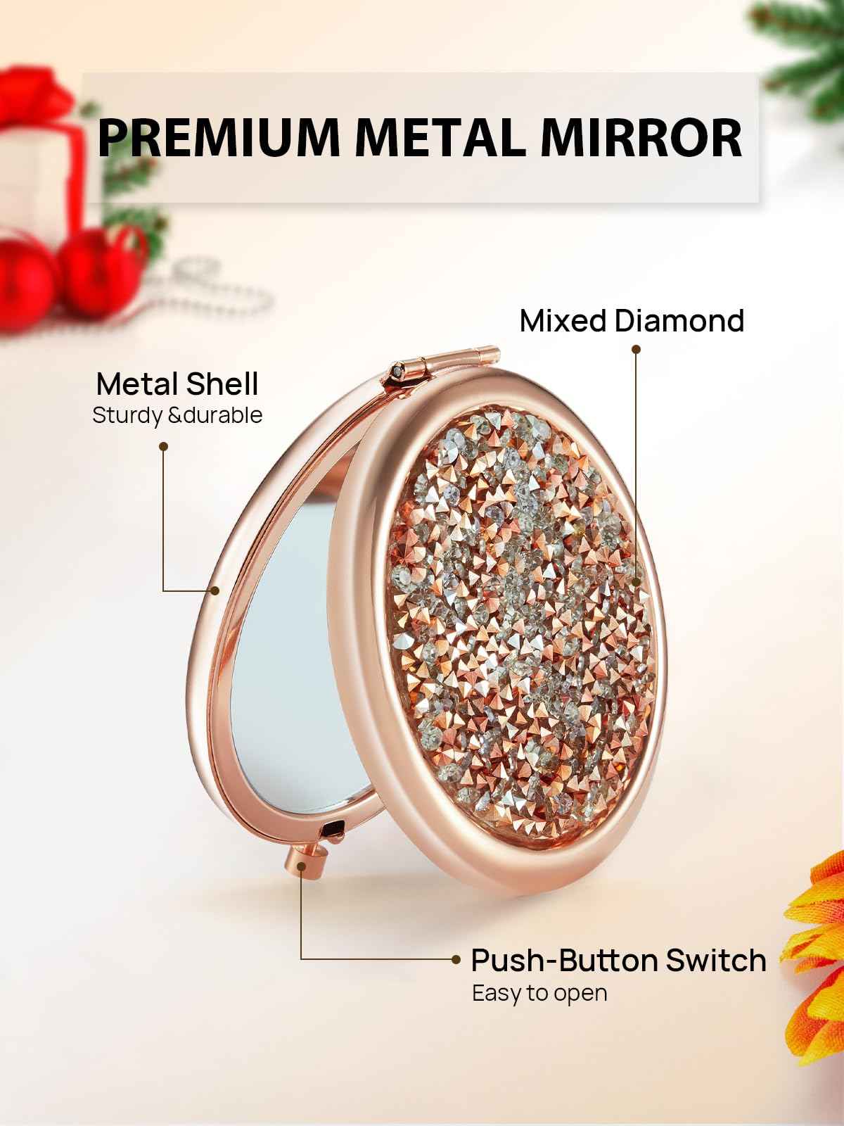 Getinbulk Compact Mirror for Purse, Pack of 24 Double-Sided 1X/2X Magnifying Round Metal Pocket Makeup Mirrors(Rose Gold, Mix Diamond)