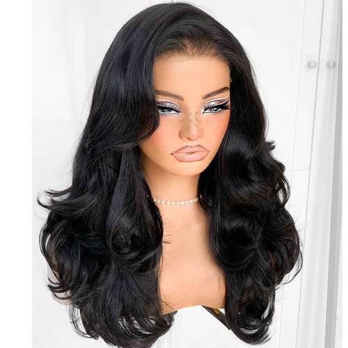 MITIMES Voluminous Feather Layered Hair Flip Out Preplucked Precision-Precut-cut Ready-to-Go Glueless 13x6 HD Synthetic Lace Front Wig Natural Black Wig