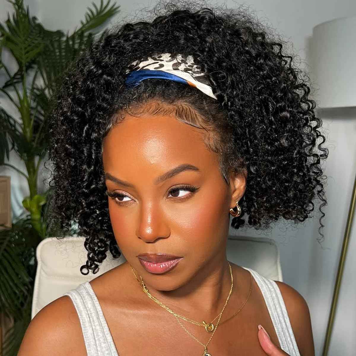 Half Wig Human Hair 210 Density Kinky Curly Half Wig for Black Women 3 In 1 Seamless Flip Over Human Hair Half Wig Glueless Wear and Go Beginner Friendly Drawstring Headband Wig Human Hair 14 inch