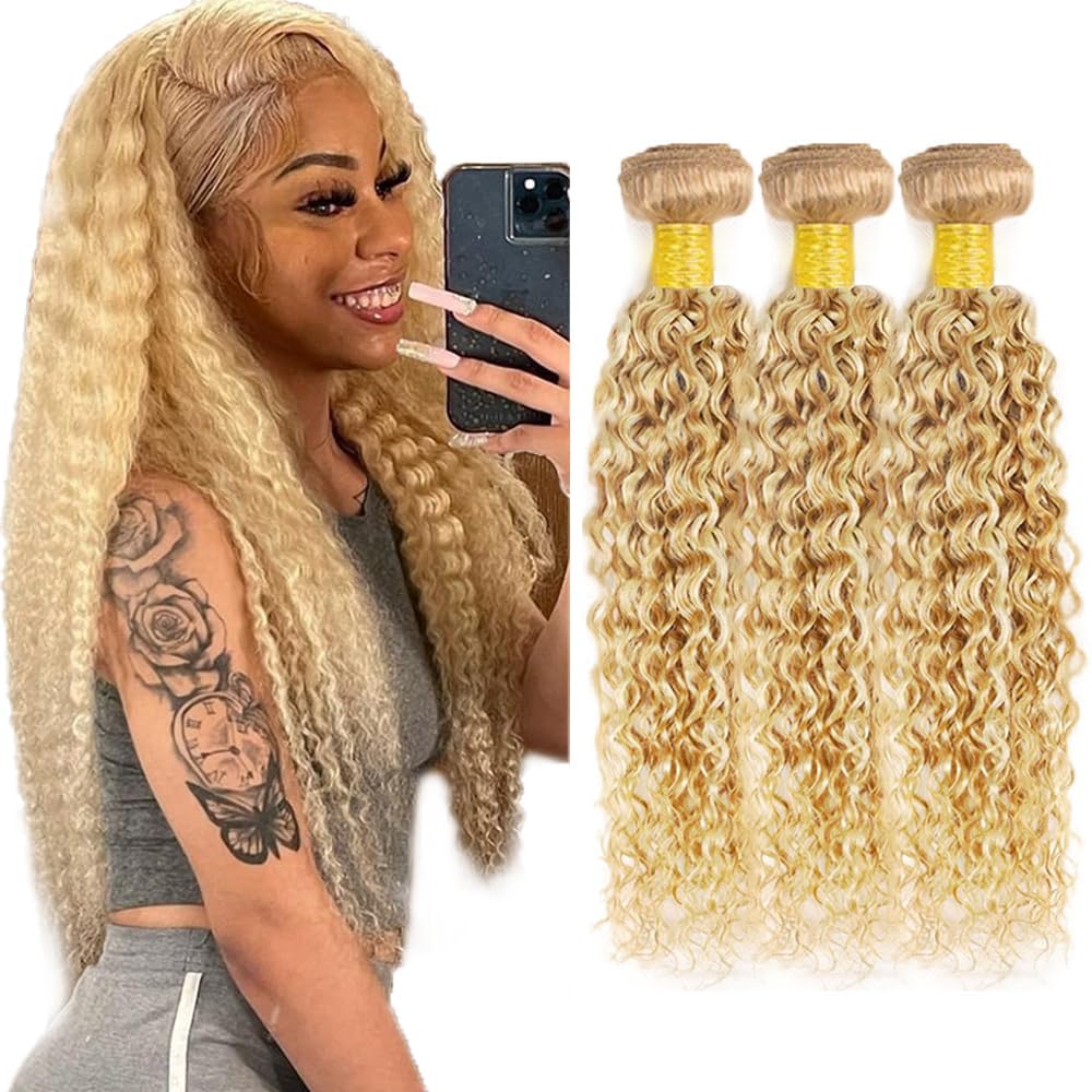 Honey Blonde Bundles Highlight Kinky Curly Bundle Human Hair 20 22 24 Inch Brazilian Virgin Hair 3 Bundles 27/613 Curly Bundle Human Hair Extensions