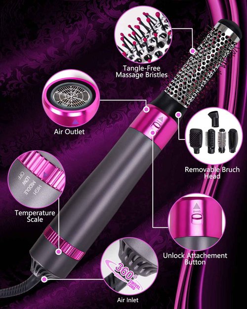 VASONNI 5 in 1 Hair Dryer Brush, Negative Ion Electric Hot Air Blow Dryer Brush Comb (black-red)