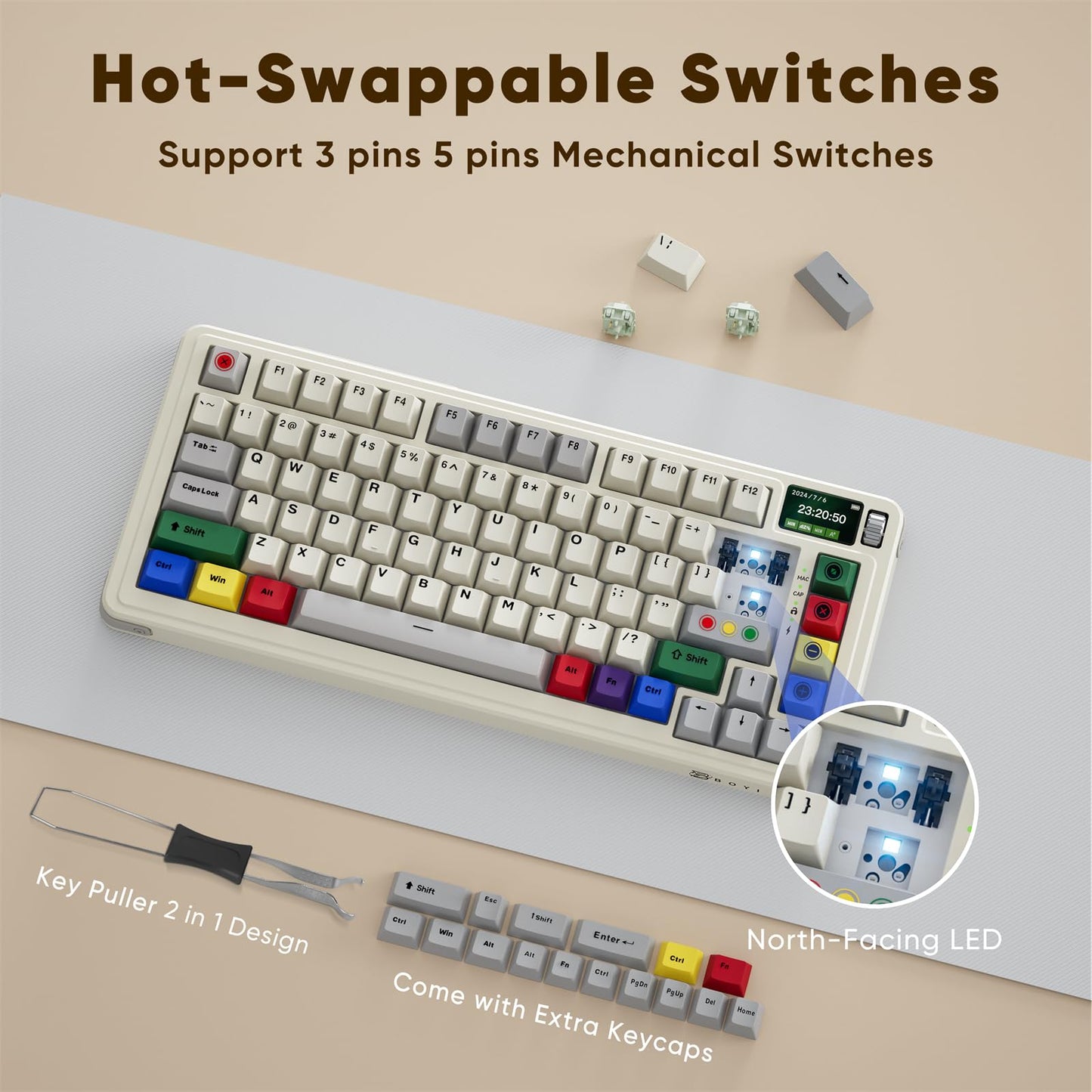 ZMX X BOYI C75Pro Retro Gaming Keyboard,75& Hot Swap Gasket-Mounted Wireless Bluetooth 5.0/2.4G Type-C Wired Custom RGB TKL Mechanical Keyboard with Screen&Knob for PC/Mac Gamer