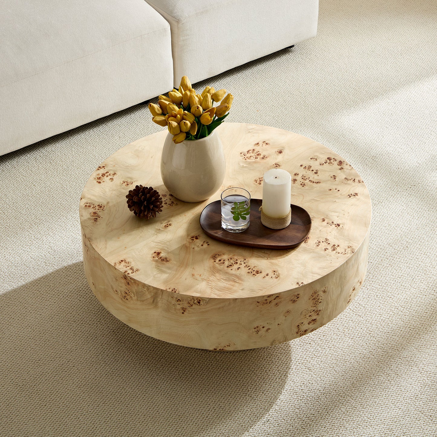Mid Century Modern Round Wood Coffee Table with Burl Veneer - Natural