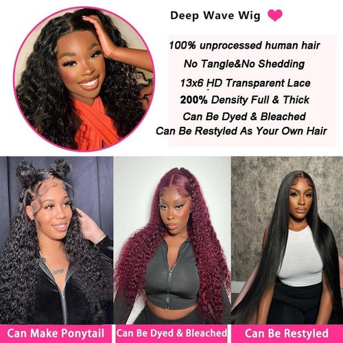 Rumdiku 26 Inch 13x6 Deep Wave Lace Front Wigs Human Hair Pre Plucked HD Lace Front Curly Wigs Human Hair 200% Density Glueless Frontal Wigs Human Hair with Black Color