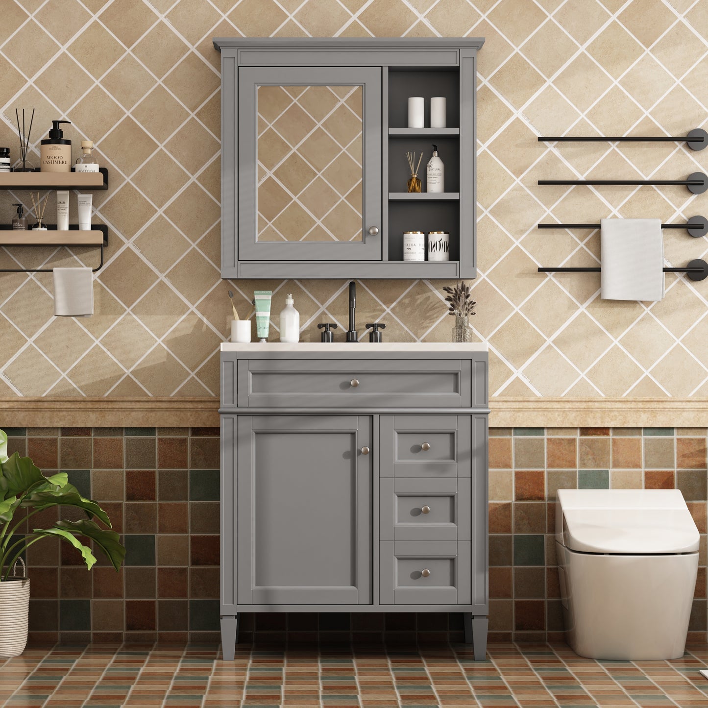 30 Bathroom Vanity With Top Sink, Modern Storage Cabinet 2 Drawers