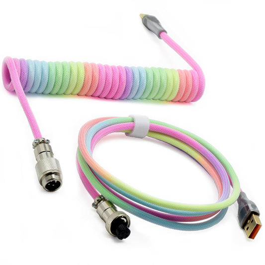 ZDawnn Braided Keyboard Cables 1.5m Coiled Type-C to USB A with Detachable Aviator Connector.for Gaming Keyboard/Tablet (Rainbow)
