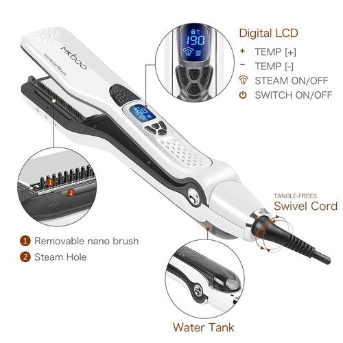 MKBOO Hair Straightener with Steam,Salon Professional Nano Titanium Ceramic Steam Flat Iron with Removable Comb+Digital LCD+5 Level Adjustable Temperature+Auto Temperature Lock White