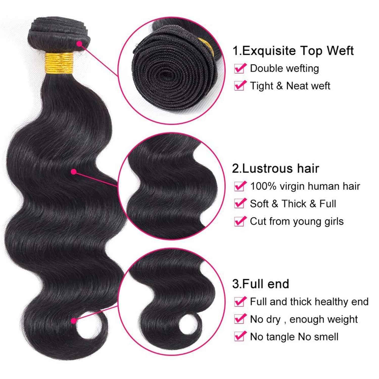 Human Hair Bundles 16 18 20 22 Inch Body Wave Bundles Human Hair 100% Unprocessed Brazilian Virgin Weave 4 Bundle Natural Black for Women Hair Extensions