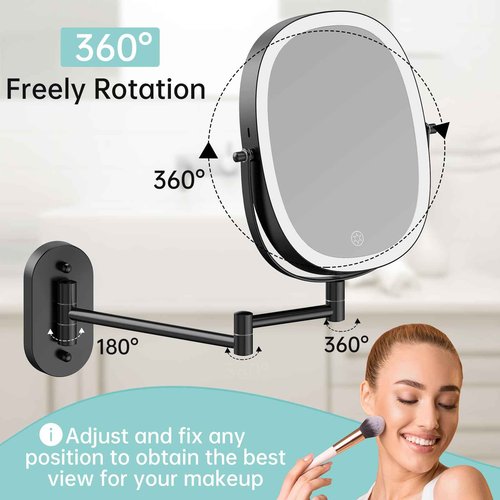 FUNTOUCH 30X/1X Wall Mounted Lighted Makeup Vanity Mirror, Rechargeable Double Sided Bathroom Magnification Mirror, 3 Dimmable Light Settings, Extension Arm, Oval Frame, Ideal for Makeup,Black