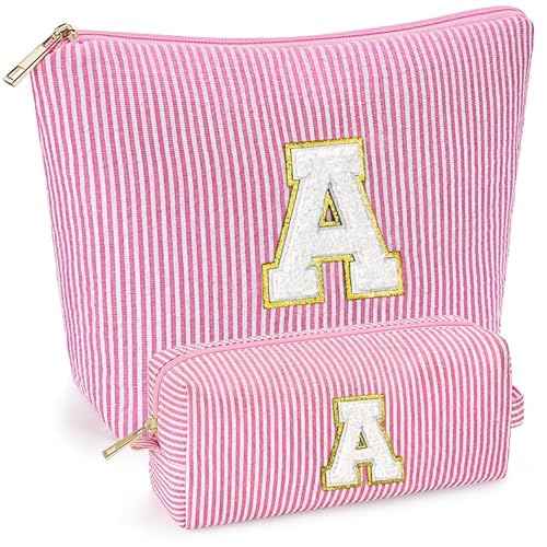 2 PCS Initial Makeup Bags for Women: Cosmetic Bag for Travel Toiletry - Birthday Gifts for 11 12 13 14 15 16 17 18 Years Old Girl Graduation Teacher Gift- Teen Girl Gifts Trendy Stuff - Pink A