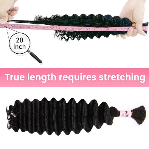 WOWANGEL Human Braiding Hair For Boho Braids 100g,100% Unprocessed Brazilian Virgin Hair, 12A Deep Wave Knotless Bohemian Bundles, Curly Hair Extensions,2 Bundles,Natural Black(1B),24 Inch