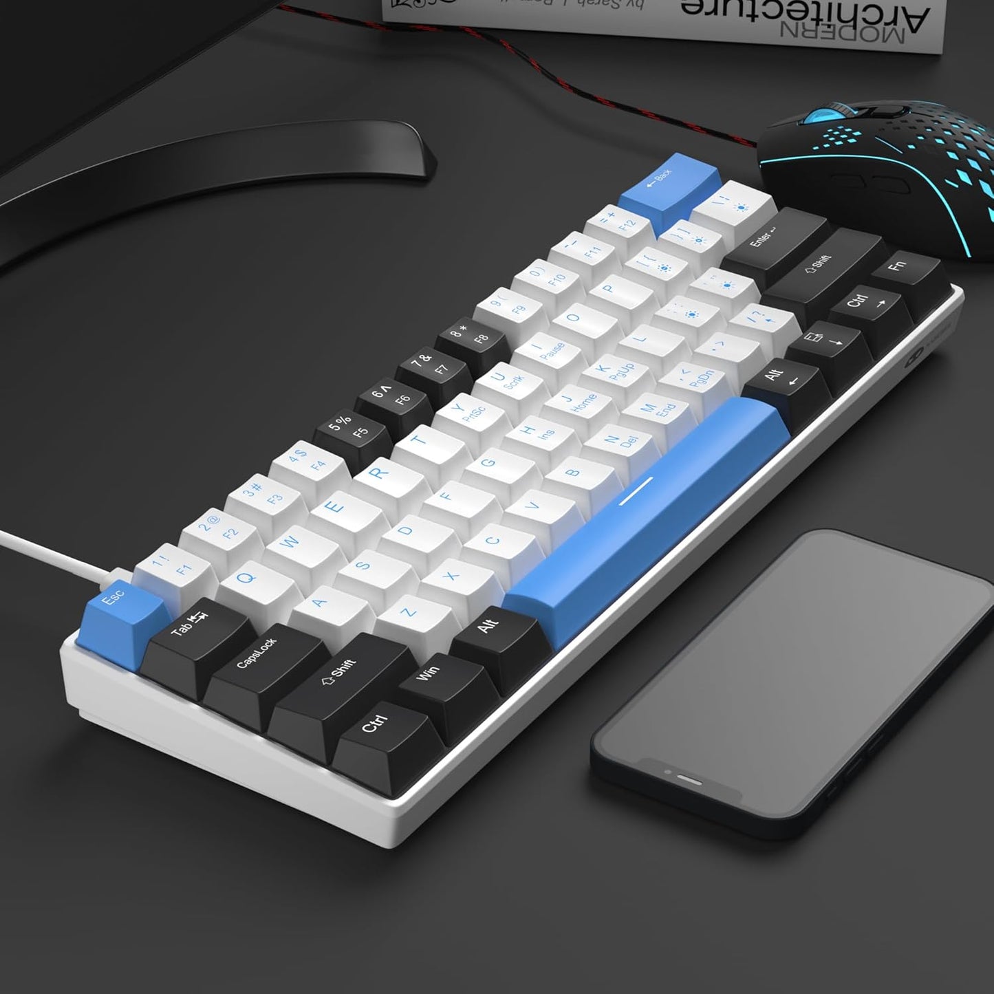 60% Mechanical Gaming Keyboard, White Gaming Keyboard with Red Switches, Detachable Type-C Cable Mini Keyboard with Blue LED Light for/PC/Laptop