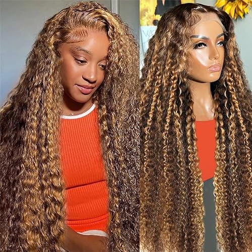 Honey Blonde Curly Wig Human Hair 13x4 HD Highlight Ombre 4/27 Deep Wave Lace Front Wigs Human Hair Pre Plucked 180% Density Glueless Colored Wigs for Women Wet and Wavy Lace Front Wigs 26 Inch