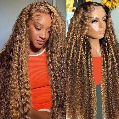 ZAMSTA Honey Blonde Curly Wig Human Hair 13x4 HD Highlight Ombre 4/27 Deep Wave Lace Front Wigs Human Hair Pre Plucked 180% Density Glueless Colored Wigs for Women Wet and Wavy Lace Front Wigs 26 Inch