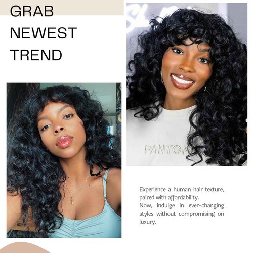 OCTSUN Wear and Go Human Hair Wigs with Bangs Bouncy Curly Human Hair Wigs for Black Women Glueless Full Machine Made Wigs Human Hair Deep Wave None Lace Front Wigs with Bangs 22 Inch 180% Density