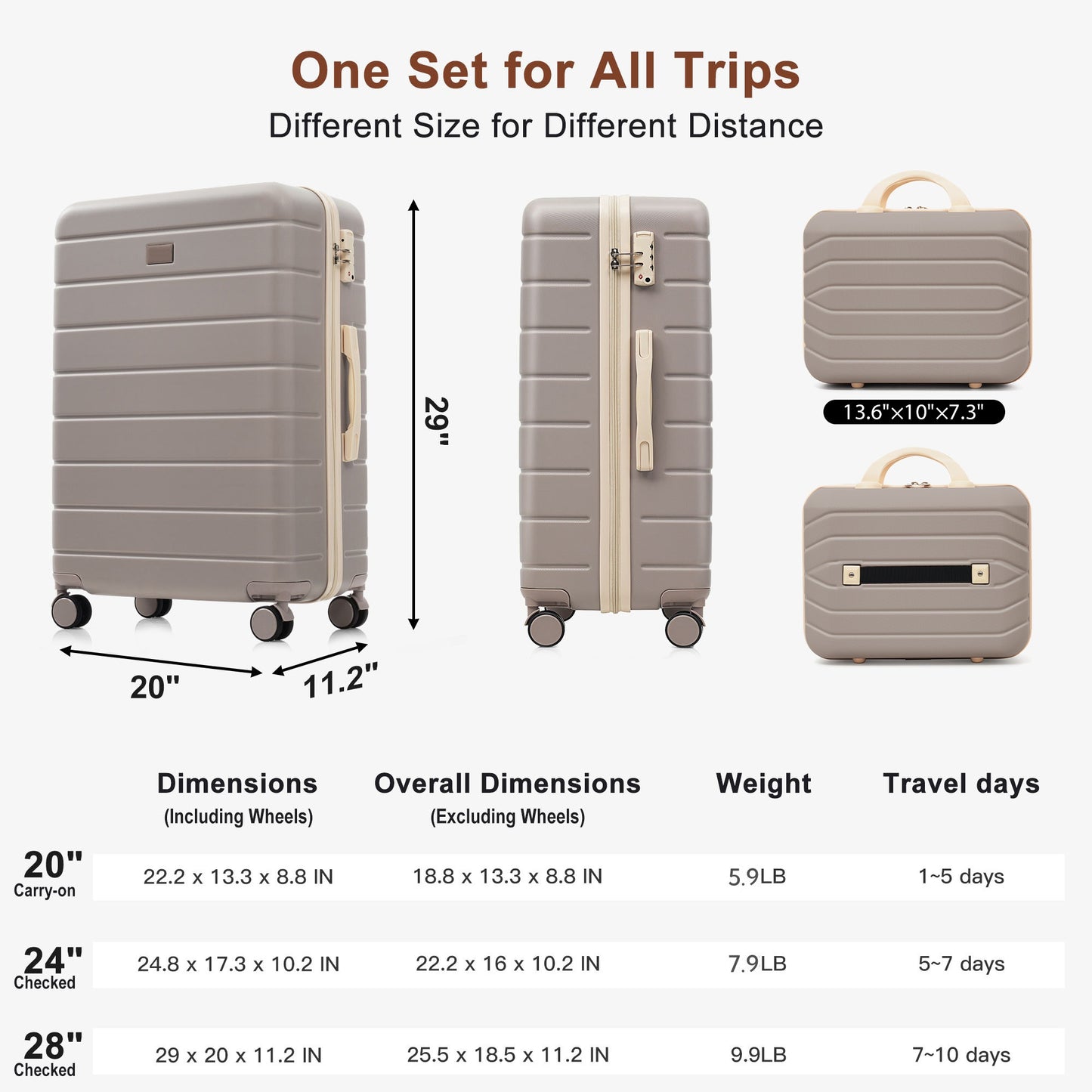 3-Piece Hardside Luggage Set with TSA Lock & Expandable Duffel - Brown