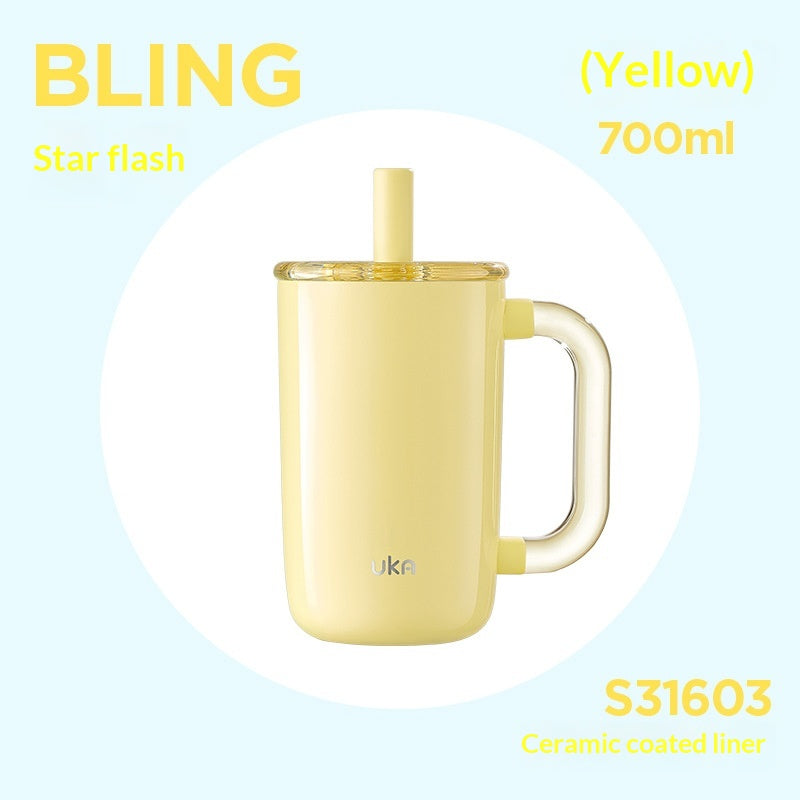 Insulated Ceramic Drink Mug with Straw & Handle, Large Capacity 700ml
