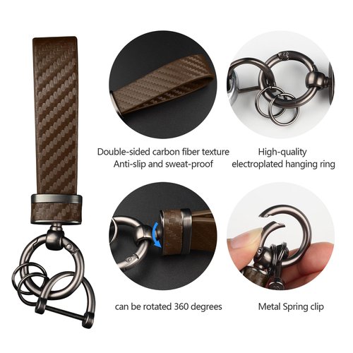 Turcee Carbon Fiber Car Keychain,Automotive Interior Accessories Keychains Leather Car Key Fob,Car Accessories Key Ring&Anti-Lost D-Ring(Brown)