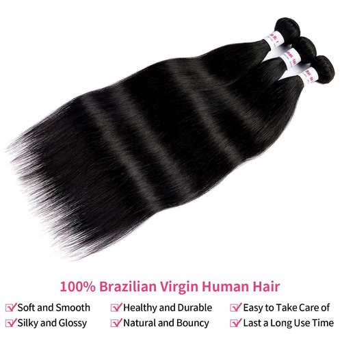 Klinner 12A Straight Bundles Human Hair 22 24 26 Inch 100% Unprocessed Brazilian Virgin Hair Bundles Straight Hair 3 Bundles Weave Bundles Human Hair Extension