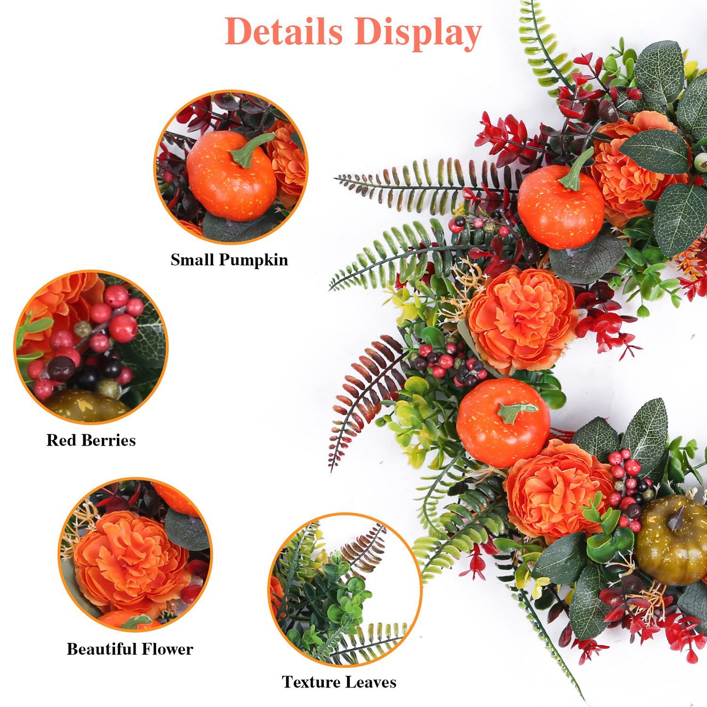 Autumn Wreath with Pumpkin, Leaves & Berries - 17.71 Inch