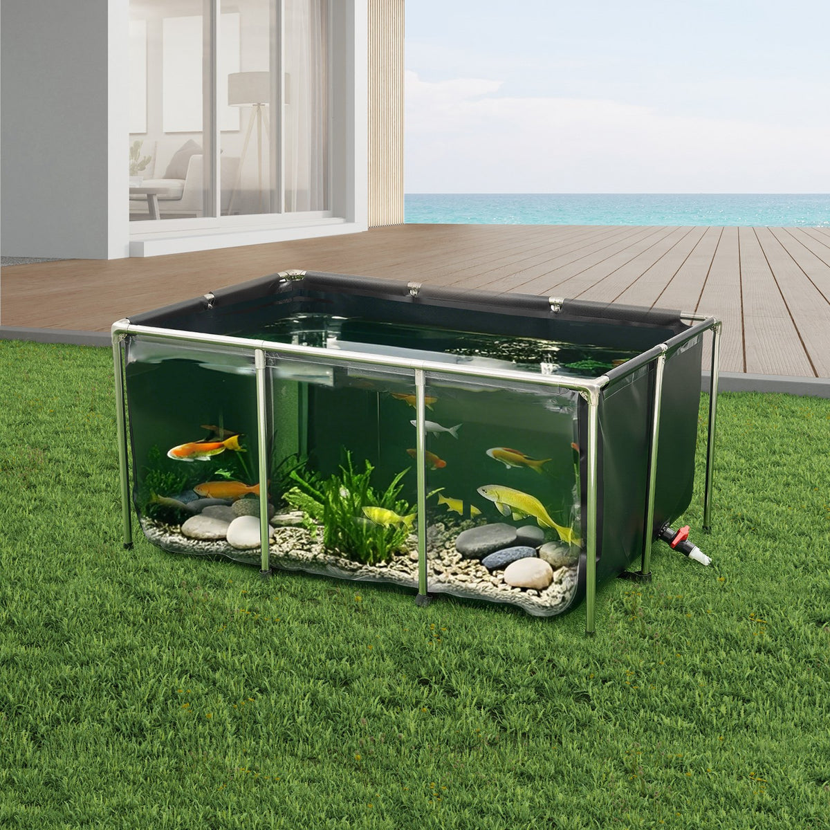 270 Gal Above Ground Fish Pond Tank with Clear Viewing Panel - Durable PVC Frame