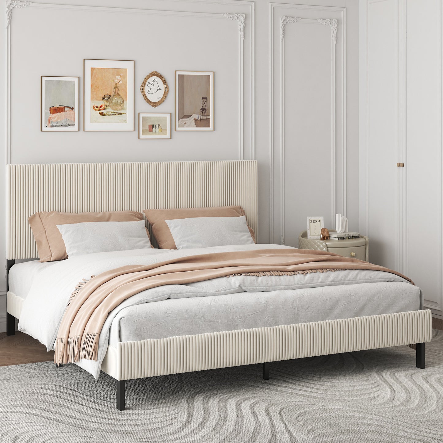 King Platform Bed Frame with Upholstered Headboard - Beige