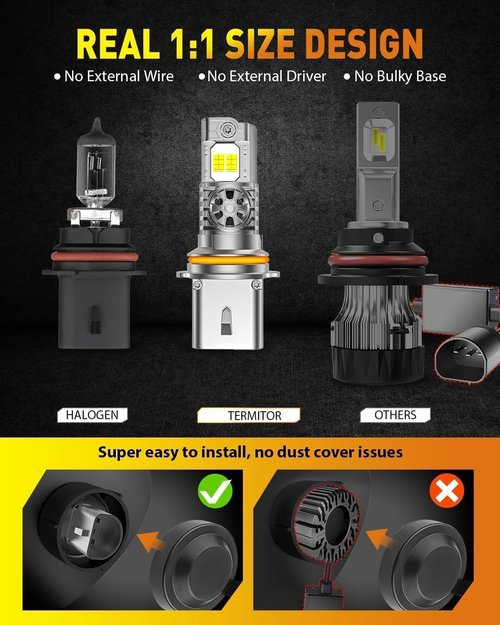 Termitor Upgraded 9007/HB5 Bulbs, 60,000LM 12X Ultra Brightness, 6500K Cool White,1:1 Mini Halogen Size, 9007 Light Conversion Kits with Cooling Fan, Plug and Play, Pack of 2