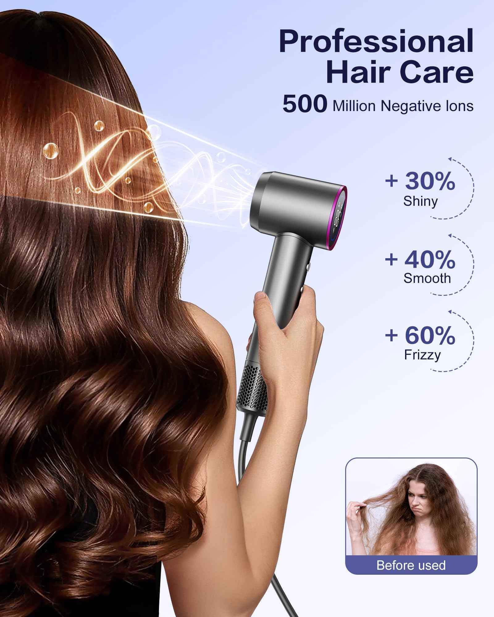 Hair Dryer,180000 RPM High-Speed Blow Dryer 500 Millions Negative Ionic Care Hair Dryer for Fast Drying, 50dB Low Noise Thermo-Control Hairdryer with Magnetic Diffuser & Nozzle for Women Salon Gray