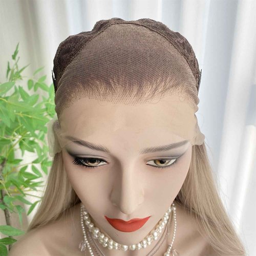 VASTCURY Ash Blonde Wigs Highlight Brown Ombre Color 13x4 Synthetic Fiber Lace Front Wig Long Silky Straight 22Inch Pre Plucked Hairline for Women