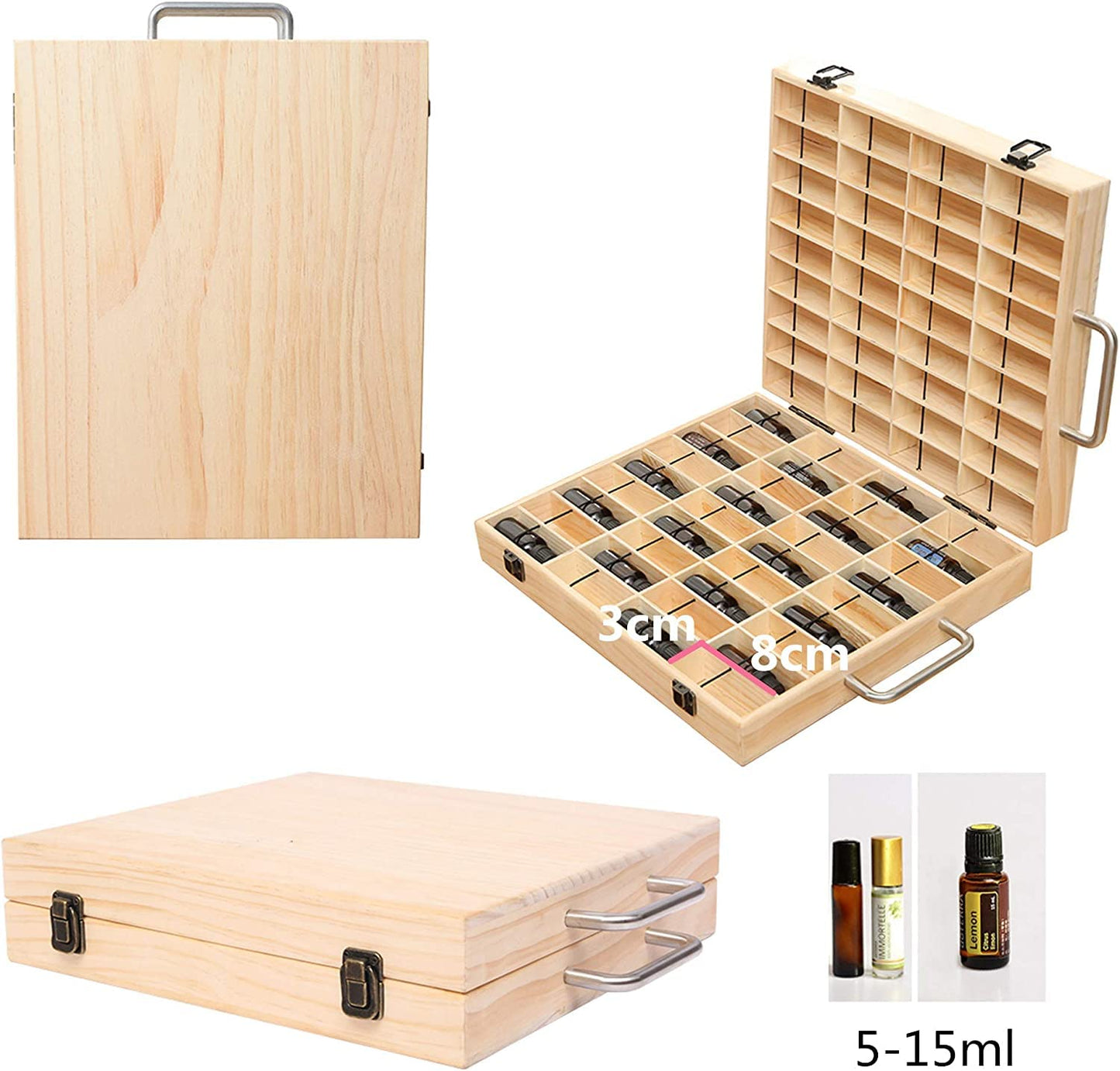 Pure Vie Wooden Essential Oil Storage Box Travel Organizer Case with Bottle Cap Label - Aromatherapy Nail Polish Fragrance Container, Holds 72 Bottle for 5-15ml - Keep Scented Oil Safe & Space Saver