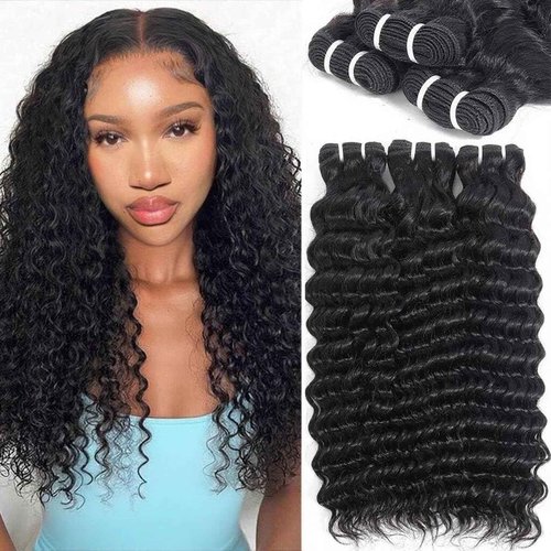 ONICE Deep Wave Bundles Human Hair (14 16 18 Inch) 100% Unprocessed Brazilian Weave 3 Bundles Human Hair Glossy Virgin Hair Bundles Curly Style Keep Texture Silky Soft Natural Black