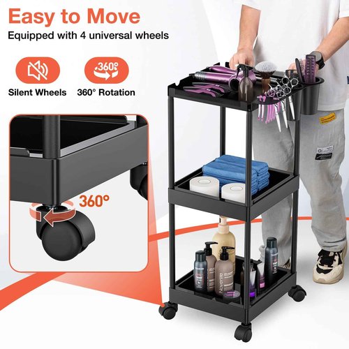 Salon Tray Cart, Rolling Hair Salon Cart with Storage Platform & Hair Separator Stand, Multi-Function 3 Tier Salon Tray for Hairstylist Tool Storage Trolley, Sturdy Mobile Hairdressing Barber Station