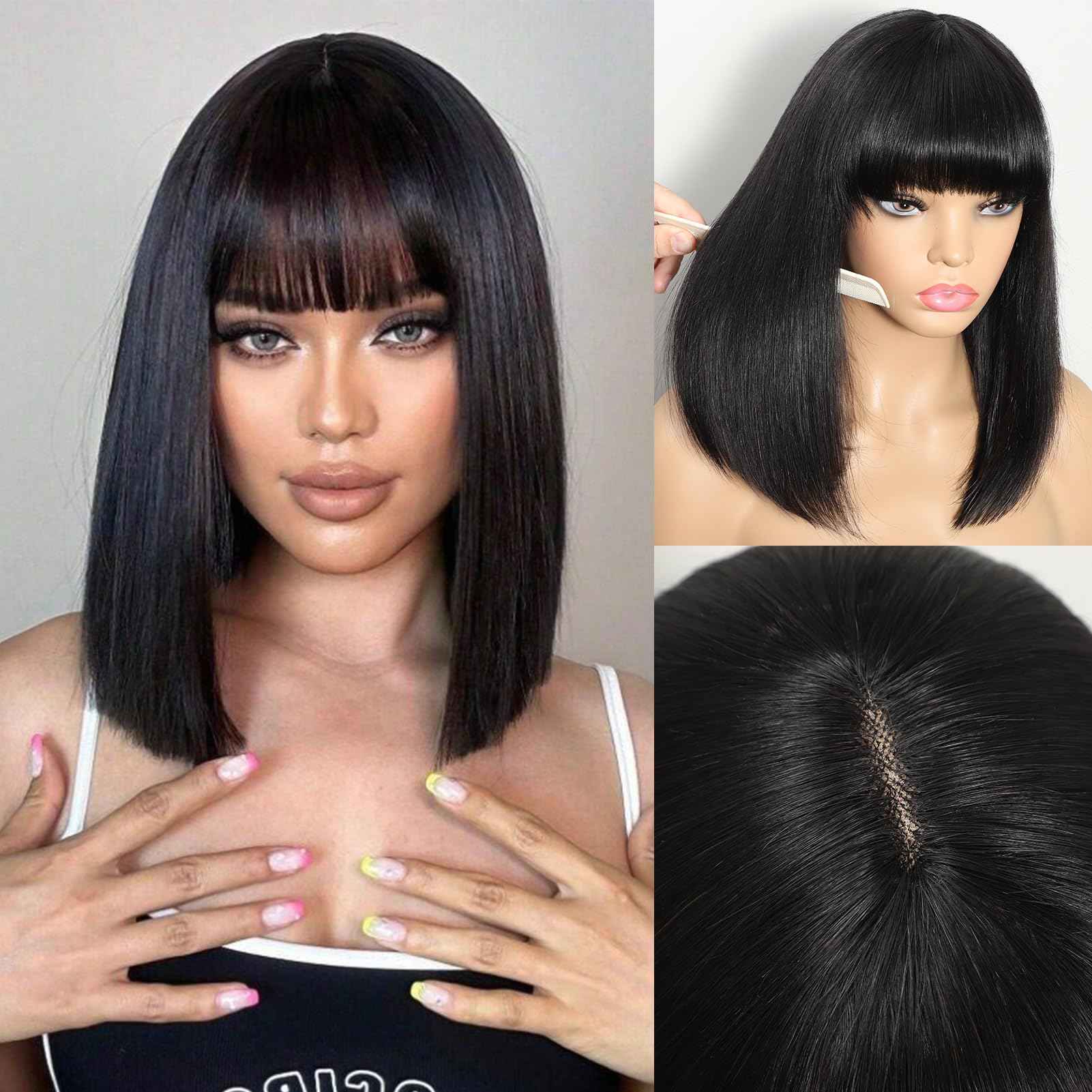 KEPWIN Bob Wig with Bangs Human Hair Wig 2x1 Closure Transparent Lace Bob Glueless Wigs Human Hair Short Wigs Straight Wigs for Black Women Wear and Go Natural Black 180% Density 14Inch