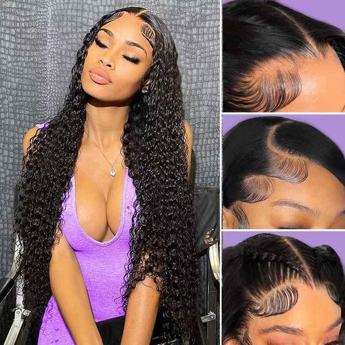 JIETAI 13X4 HD Curly Lace Front Wigs Human Hair Pre Plucked with Baby Hair 180% Density Brazilian Deep Curly Wave 10A Glueless Lace frontal Wigs Natural Color (30 Inch)