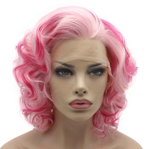 Lushy Short Two Tone Pink blonde Mix Wig Heat Friendly Heavy Density Synthetic Lace Front Wig