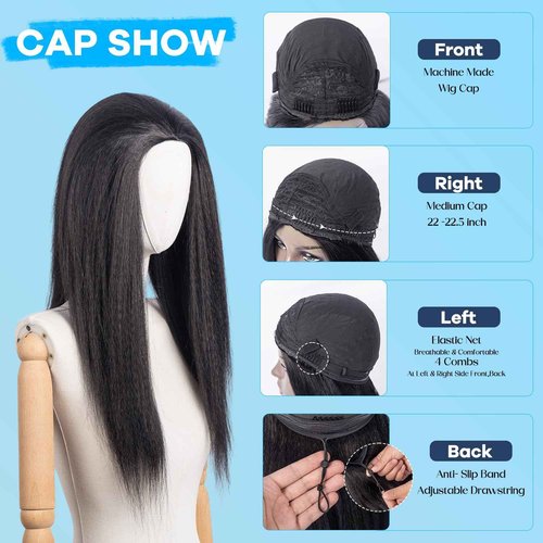 CARA 3 in 1 Half Wig kinky straight, Seamless Flip Over Half Wigs Glueless Wear and Go Beginner Friendly Clip In Hair Drawstring Headband Wig for Women 1B (22inch)
