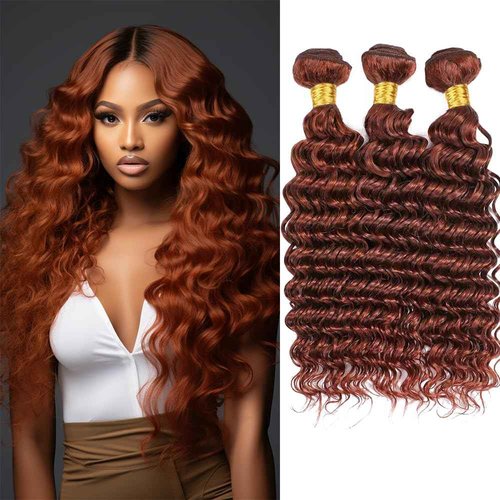 Reddish Brown Loose Deep Curly Bundles Human Hair Copper Red Brown Bundles Color 33 Human Hair Aubuwn Deep Wave Bundles 30 30 30 Inch Double Weft Brazilian Remy Hair Extensions for Black Women