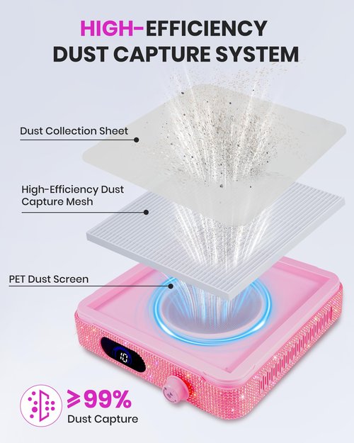 XISZMOG Cordless Nail Dust Collector, Rechargeable Powerful Suction Dust Collector for Nail Tech with 10 Speed Levels, Low Noise Nail Fan Dust Collector for Professional Salon & Home (Pink)