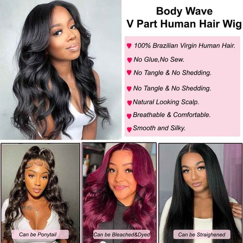 V Part Wigs Human Hair 22 inch Upgrade U Part Human Hair Wigs Body Wave for Black Women Beginner Friendly No Sew In and No Leave Out Glueless Brazilian Virgin Hair Wig Natural Black Color 180% Density