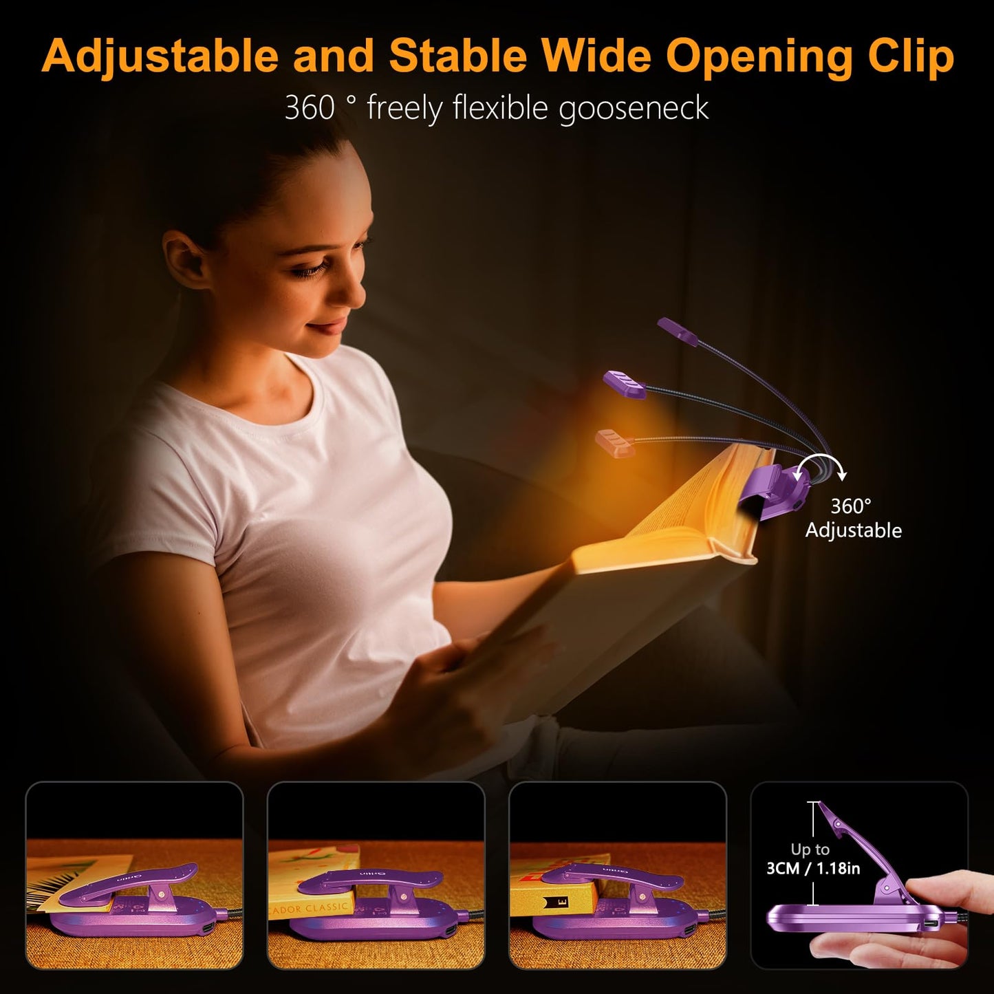 Gritin Rechargeable Book Light for Reading in Bed with 19 LED &Memory Function-Eye Caring 3 Color Temperatures,5 Brightness Levels,80 Hrs Runtime Flexible Goose Neck Clip on Light-Dark Purple