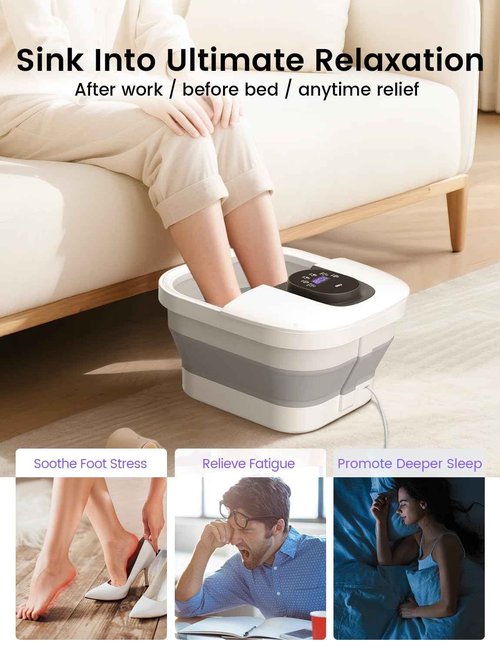 RIKE Collapsible Foot Spa with Heat, Bubbles, 24-Level Temp Control, Red Light, Timer, Foot Soaking Tub with 6 Shiatsu Rollers & Pumice Stone, Foot Bath Massager Pedicure FootSpa for Stress Relief