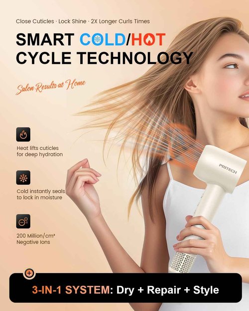 PRITECH Professional Hair Dryer with Diffuser - 1600W High-Speed 110,000 RPM Brushless Motor, Negative Ion Technology & Quiet Operation, 5 Temp 3 Speed Settings, Includes Concentrator Nozzle