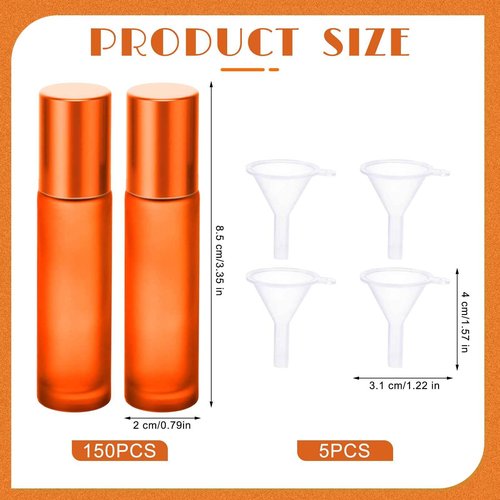 Sumind 150 Pcs Frosted Glass Roller Bottles Essential Oil 10 ml Empty Roll on Bottles with Stainless Steel Balls Leak Proof with 5 Funnel for Travel Essential Oil Perfume(Frosted Orange)