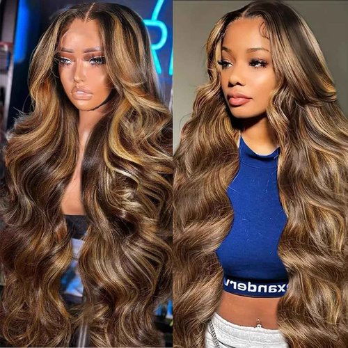 Smabuity Honey Blonde Ombre Lace Front Wig Human Hair Highlight 13X6 Body Wave Lace Front Wigs Human Hair Pre Plucked 180 Density 4/27 Glueless HD Lace Frontal Wig for Women 24 Inch