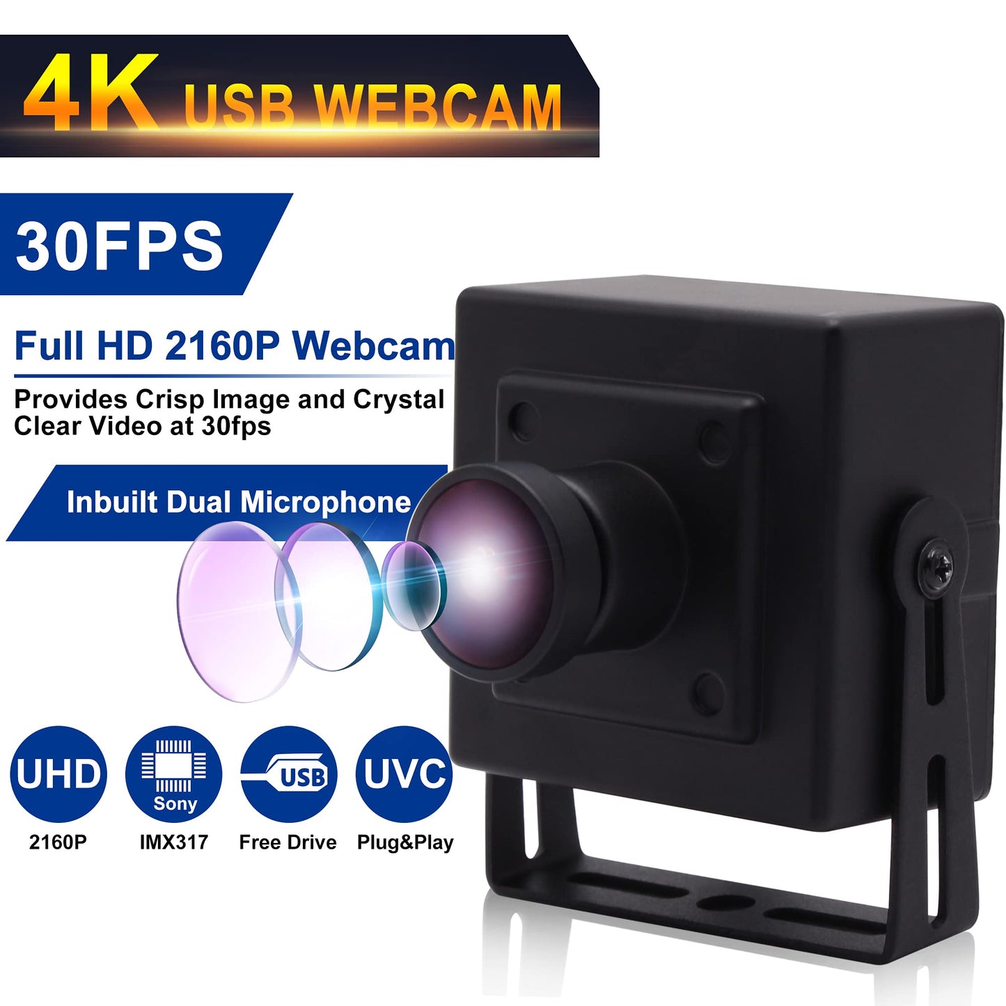 ALPCAM 4K USB Camera Ultra HD 2160P Webcam with IMX317 Sensor,170 Degree Fisheye Lens USB Camera Module with Dual Microphone, Plug and Play USB Webcam for Windows/Mac/Linux/Raspberry Pi