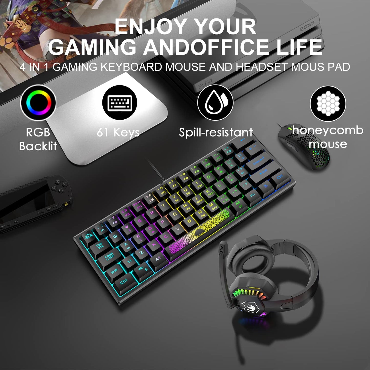 60% Gaming Keyboard Honeycomb Mouse and RGB Headset Comboith Rainbow Backlight Ergonomic 62Key Mechanical Feeling Adjustable 7200DPI Mice Stereo Sound Headphone for PS4 Xbox One PC Mac Gamer