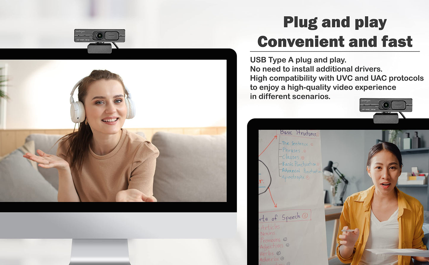 archgon 1080P/60fps Webcam C6206 Full HD Streaming Low-Light Correction Wide-Angle Lens Webcam with Dual Omni-Directional Microphone, Privacy Cover and Tripod Compatible with Teams Skype and Zoom