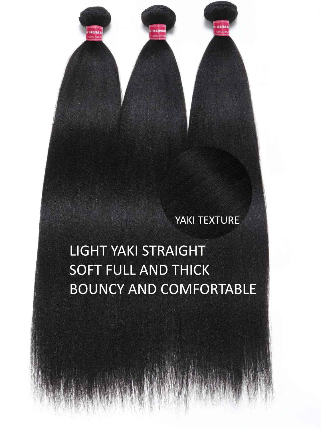 KLAIYI Yaki Straight Bundles Human Hair Weaves Unprocessed Real Virgin Hair Sew In Extensions 3 Bundles 10 12 14Inch, 12A Kinky Straight Double Wefts for Women Cllip In Light Yaki Natural Black Color